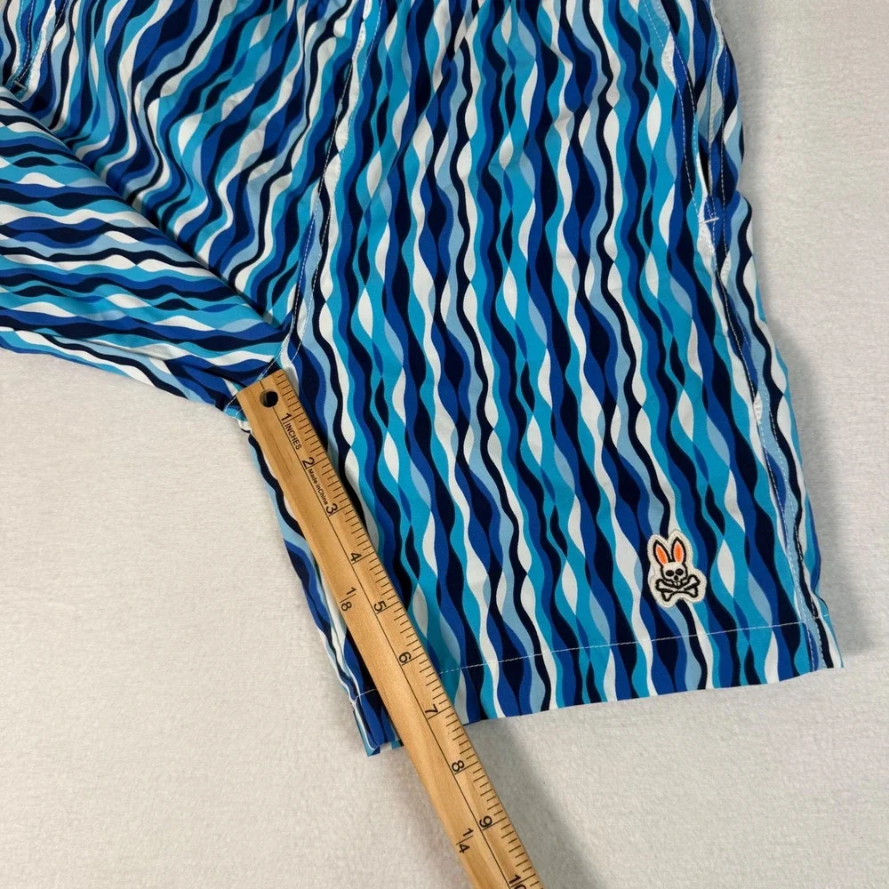 Psycho Bunny Swim Trunks Boys 10/12 Blue White Wavy Pattern Coastal Beach Shorts
